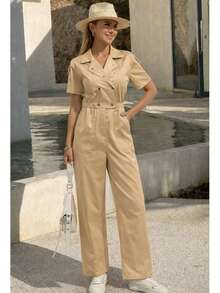 Palazzo elegante o uso casual liso para mujer tela fresca y lisa de moda con solapa y textura agradable - Caqui - Ver 2