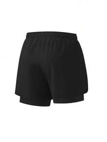 Pantalones cortos deportivos para hombres - Elásticos, no transparentes, diseño de 2 en 1 a la moda, adecuados para el gimnasio y correr, lavables a máquina, negros de verano - Negro - Ver 2