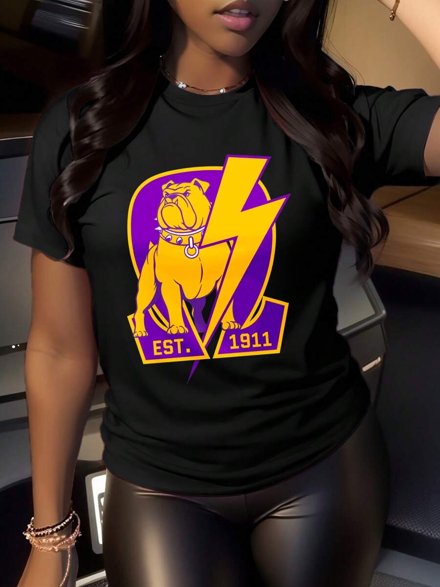 Bulldog Lightning Purple Yellow Established 1911 Graphic T-Shirt For Women, Oversized Crewneck Tees Casual Wear, Spring Cotton Tops Short Sleeve, Summer Basic Tees, Funny Clothes For Women - 黑色 - 查看 1