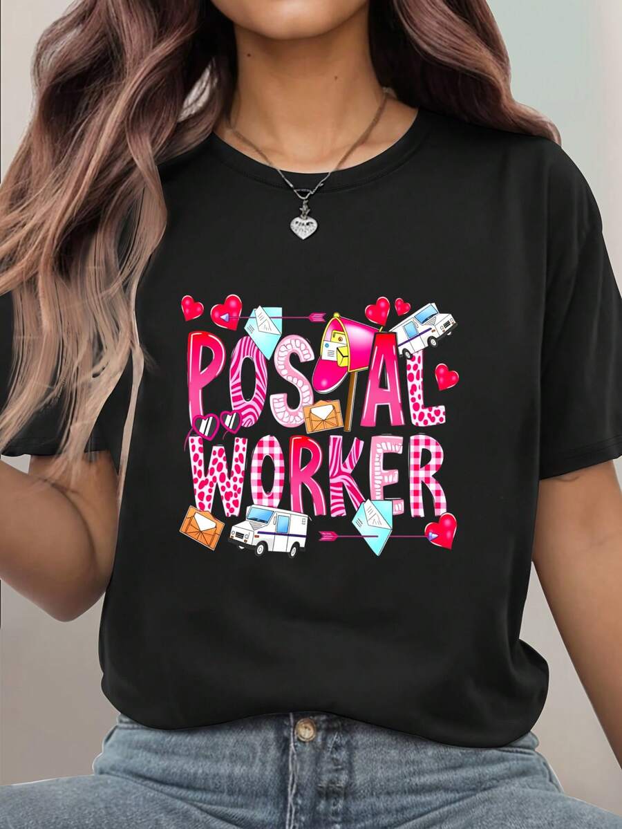 Postal Worker With Hearts And Mail Graphic T-Shirt For Women, Oversized Crewneck Tees Casual Wear, Spring Cotton Tops Short Sleeve, Summer Basic Tees, Funny Clothes For Women - 黑色 - 查看 1