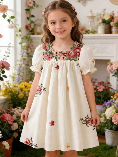 Vintage Floral Print Loose Dress For Girls, Delicate Puff Sleeve Embroidered Flowers (Embroidered Flower Position And Collar Flower Color Are Random), Suitable For Parent-Child Activities, Garden Party