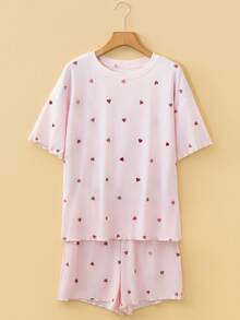 Acelitt 夏季浅粉色情人节心形印花罗纹针织宽松高腰阔腿裤家居服套装 - 彩色 - 查看 4