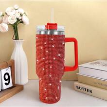 New 40oz Insulated Water Bottle With Handle, Straw, And Lid; Rhinestone-Studded; Stainless Steel; Double-Walled Travel Mug; Can Be Attached To A Car Cup Holder; Suitable For Women; Ideal For Outdoor Camping; Large Size; Makes A Great Holiday Gift For Friends. - 40盎司 - 查看 14