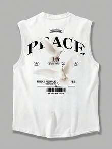男士休闲宽松圆领无袖背心，美国西海岸和平主题印花 - 白色 - 查看 4