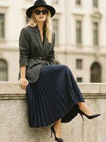 高腰百褶中长裙，优雅女士吊带裙（不含腰带）春季款 - 藍色 - 查看 6