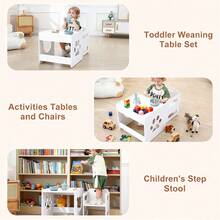 Kids Table And Chair Set, Montessori Weaning Table & Chair Set, 3 Adjustable Height Chair & Activity Table With Fence For Eating, Playing, Learning - White - View 9