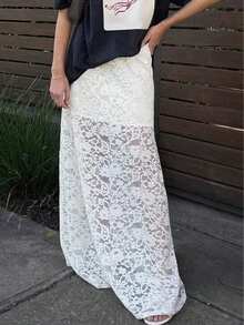 Women's Fashion Sexy Jacquard Hollow-Out Lace Skirt, Solid Color Sexy Lace Beach Holiday Casual Date Skirt, Summer White - White - View 4