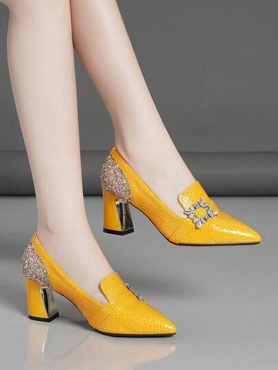 Women's Chunky Heel Pointed Toe Rhinestone Embellished Sequin Patchwork Fashion High Heel Pumps