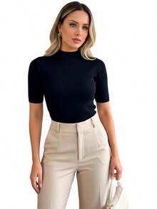 Kit 2 Women's Blouse High Neck Ribbed Premium 3/4 Sleeve Basic Elegant Comfortable Classic And Timeless Women's Fashion Ideal For Work Everyday Or Going Out Combines With Jeans Skirt Or Shorts Versatile Style Essential Piece That Enhances The Look With Comfort And Quality - 黑色+混紡 - 查看 7