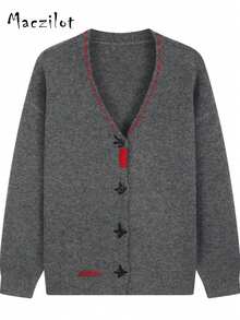 Cardigan tricoté gris simple, veste mode polyvalente avec design bouton unique pour femmes - Gris foncé - Voir 3