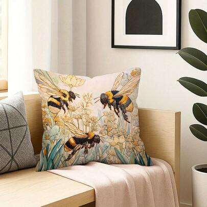 1Pc Vibrant Floral Bee Throw Pillow Cover - 17.7*17.7 Inches, 2D Digital Single-Side Printing, Decorative Cushion Case With Bumblebees & Wildflowers, Machine Washable With Zipper, Suitable For Living Room, Bedroom, Porch, Office Decor, Gifts For Family Friends, Home Accents, Sofa Accessories (No Insert)
