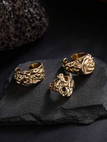 3pcs/Set Hip-Hop Vintage Asymmetric Pleated Charm Metal Wide Band Open Ring Set, Rockstar Punk Chic, Casual Minimalist, Street Style, Daily & Holiday Versatile Fashion Rings Gift For Men - Ring - View 7