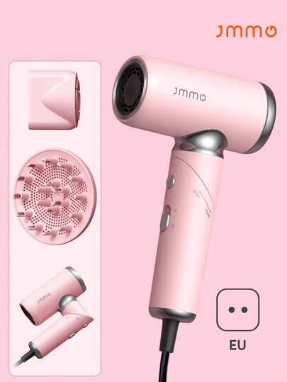 JMMO Foldable Portable Hair Dryer With Diffuser And Nozzle, Ionic Blow Dryer For Less Frizz, Fast Drying, Low Noise, Compact Mini For Home And Travel, Pink-EU Plug