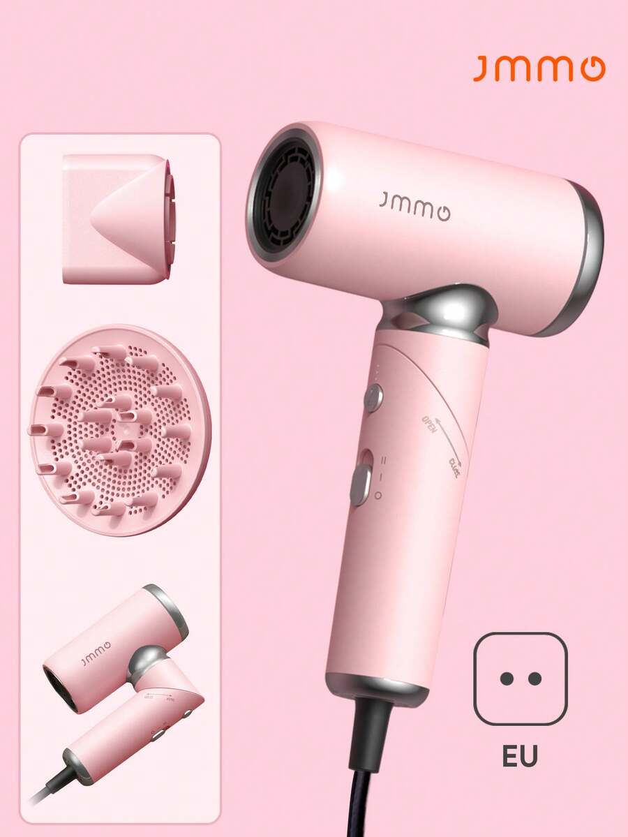 JMMO Foldable Portable Hair Dryer With Diffuser And Nozzle, Ionic Blow Dryer For Less Frizz, Fast Drying, Low Noise, Compact Mini For Home And Travel, Pink-EU Plug - EU C Type Plug(220-240V) - View 1