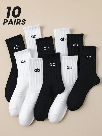 5 Pairs/10 Pairs Women's Mid-Calf Socks With Embroidered Letter Black & White Pattern, Odor-Resistant Moisture-Wicking Sports Style Socks, Fashion Versatile Casual Long Socks For Spring & Summer
