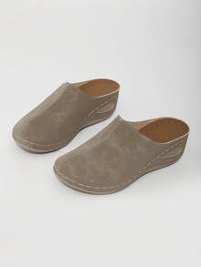 Women's New Round Toe Casual Slip-On Wedge Heel Loafers - Khaki - View 8