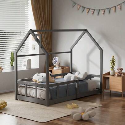 Treehouse Style Small Kid Bed Frame Solid Pine Wood Low Floor Bed With Safety Rails, Platform Bed Frame For Boys Girls Bedroom Furniture, Natural Grey, 167x87x135cm, Mattress Not Included