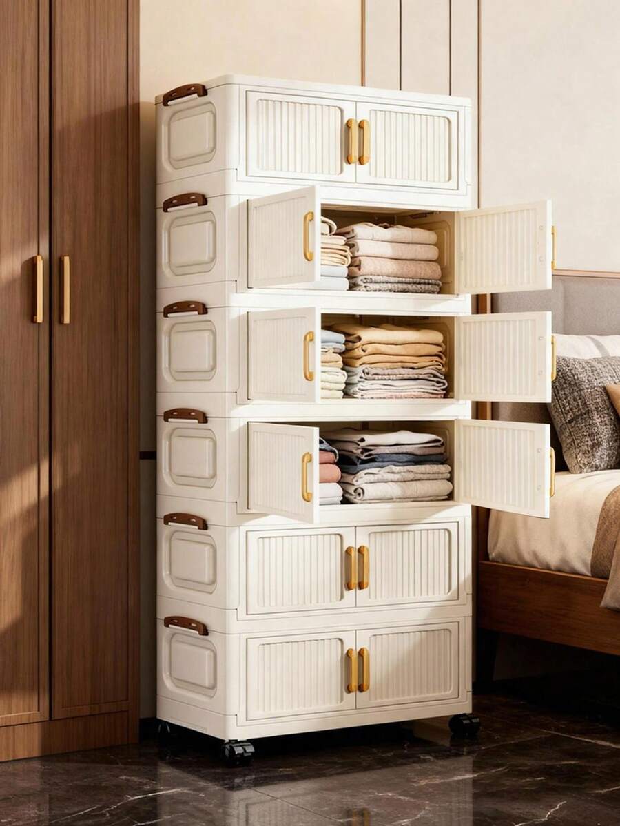 50cm/19.69 Inch Wide Folding Storage Cabinet, 1-6 Layers Optional, Thickened Double Door With Wheels, Freestanding Storage Rack For Home, Organizer For Clothes, Toys, Plastic Folding Storage Cabinet, Wardrobe, Kitchen Storage Rack, Portable Closet, Collapsible Shoe Cabinet, Drawer-Style Storage Cabinet - Cream - View 1