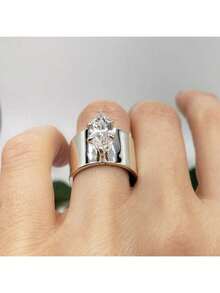 Minimalist Wide Band Zirconia Plated White Gold Vintage Elegant Ring, Suitable For Daily Wear - Silver - View 7