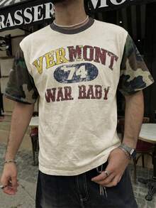 Men's City Outdoor Style T-Shirt, Contrast Camo Sleeve Print T-Shirt, Retro "VERMONT" Letter Print Top, Vintage Streetwear - Multicolor - View 3