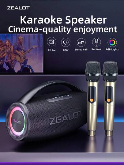  ZEALOT S97M 80W Portable Wireless Microphone Speaker, Powerful Bass 3D Surround Stereo, Compatible With Smartphone/Tablet/TV, Supports SD Card/USB/AUX Input, Dual Device Connection, Suitable For Car, Outdoor, Camping, Party