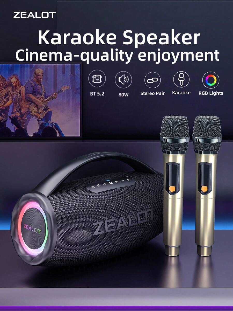 ZEALOT S97M 80W 便携式无线麦克风音箱，强劲低音，3D环绕立体声，兼容智能手机/平板电脑/电视，支持SD卡/USB/AUX输入，双设备连接，适用于汽车、户外、露营、派对等场合。