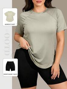 Top deportivo de manga corta talla grande, adecuado para mujeres curvilíneas, unicolor, bajo curvo, manga raglán, ideal para usar en entrenamientos navideños - verde menta - Ver 5