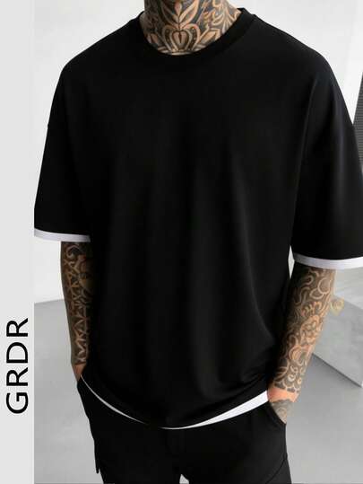  Camiseta de manga corta con cuello redondo y diseño de patchwork de moda de verano para hombres GRDR, diseño minimalista negro, versátil y deportivo casual