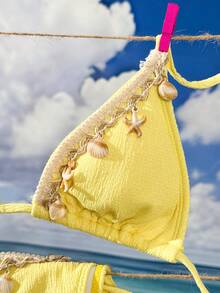 Women's Sexy Halter Backless Tassel Bikini Set, Suitable For Beach Vacation, Spring/Summer/Autumn - Yellow - View 4