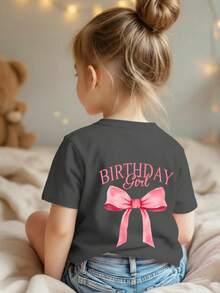 女童休闲印花圆领短袖T恤，夏季上衣 - 深灰色 - 查看 1