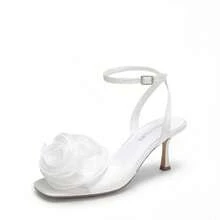 Women Kitten Hee Wedding Heeled Sandals Ankle Strap Square Open Toe Heeled Sandals Flower Dress Shoes For Spring Wedding Party Prom Wearing - 白緞 - 查看 3
