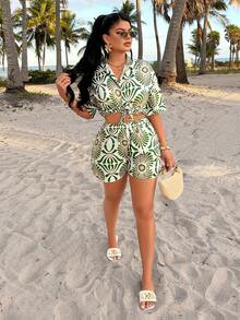 AIJ Amarilo Women's Boho Chic Green & White Geometric Print Two Pieces Outfit With Tied Crop Shirt & High-Waist Shorts, Casual Beach Vacation Clothing Set - Green - View 5