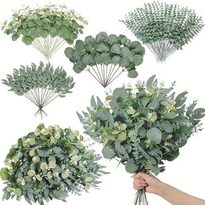 50/20/10pcs Artificial Mixed Eucalyptus Leaves Branches, 4 Types Fake Silver Dollar Eucalyptus Leaves Realistic Greenery Stems For Wedding Bouquet Centerpiece Decor, Living Room Bedroom Vase Floral Arrangement