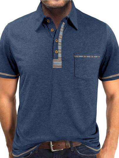 Retro Men's Short Sleeve Polo Shirt, Casual Pocket Collar Top For Summer