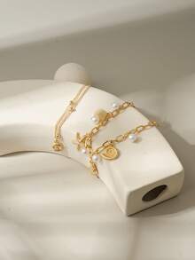 2pcs Metal Ocean Style Shell & Starfish Pendant Faux Pearl Anklet, Women Beach Holiday Party Casual Jewelry Accessory - Yellow Gold - View 5