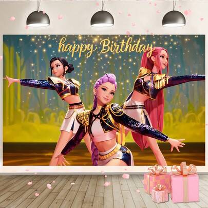 韩流酷女孩主题儿童女孩派对场景金色生日派对背景横幅。非常适合主题墙面装饰、电子音乐节庆祝活动、房间装饰和展示道具。