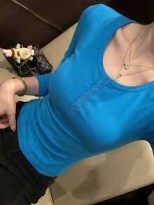 Sexy V-Neck Long Sleeve Fitted Crop Top Tee - Blue - View 5
