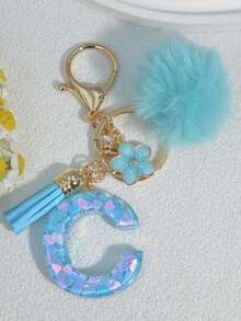 1pc Blue Heart Letter Keychain With Butterfly & Flower Decor, Women Bag Charm, Gift Keyring With Pom Pom Gifts For Mother, Father, Graduation, And Teacher - Baby Blue - View 5