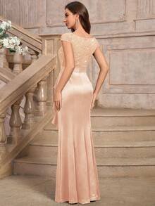 MIUSOL Deep V-Neck Sequin Lace Ruffle Hem Satin Maxi Evening Party Dress Wedding Spring - Champagne - View 3
