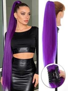 32英寸紫色夹式马尾接发，柔软自然的合成假发，适合女性佩戴 - 彩色 - 查看 9