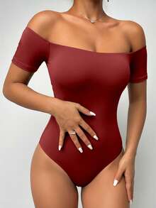 ChicMe Women Off Shoulder Minimalist Slim Fit Bodysuit Short Sleeve Casual Top Skin Friendly Daily Fashion Outfit Summer - Red - View 1