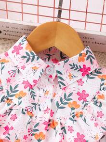 1pc Young Girl Long Sleeve Floral Print Collared Mesh Dress With Waist Tie - Pink - View 3