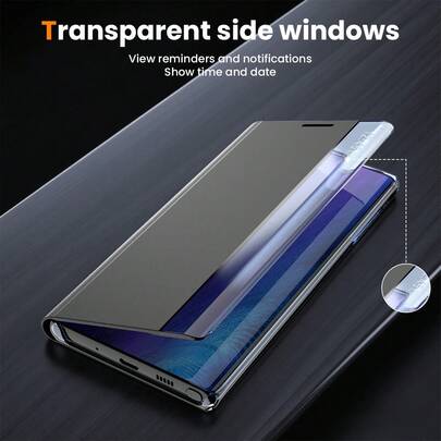 Mirror Compatible With Samsung Galaxy S8/S9/S10/S20/S21/S22/S23/S24/S25/S26 Plus/Ultra/FE, Full-Body Protective Phone Case, Flip Stand Cover, Solid Color Side Window Phone Protective Case, Unisex Business Anti-Drop Phone Case