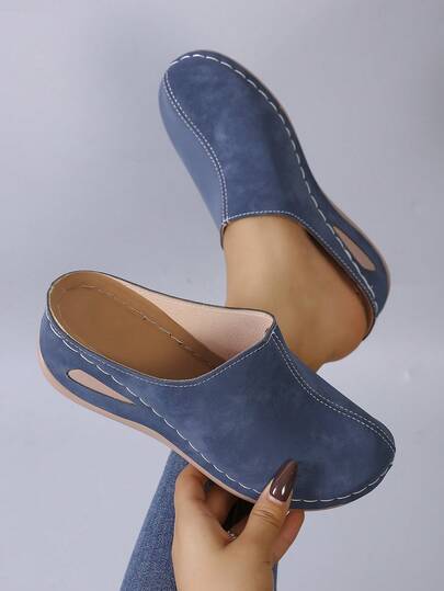 Women's New Round Toe Casual Slip-On Mule Shoes, Minimalist Comfortable Versatile, Blue, Faux Leather Mule Slippers, Retro Platform & Thick Sole Slip-On Shoes - Women's Solid Color Vintage Elegant Backless Loafers, Peep Toe Hollow Floral Pattern Design Everyday Shoes - Spring, Summer, Autumn, Winter, Suitable For Jeans