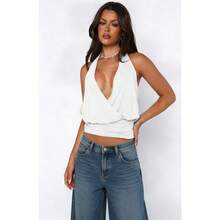Women's Light Blue Halter Crop Top - Plunge Neck Wrap Front Backless Blouse For Date/Party OutfitsMultiple Colors - 白色 - 查看 2