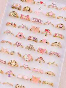 11 piezas Anillos de Rhinestone rosa delicados y lindos, adecuados como regalos de fiesta de cumpleaños para niñas y niños, accesorio de moda para uso diario - 11 anillos para el meñique con diamantes de imitación rosas y dorados - Ver 4