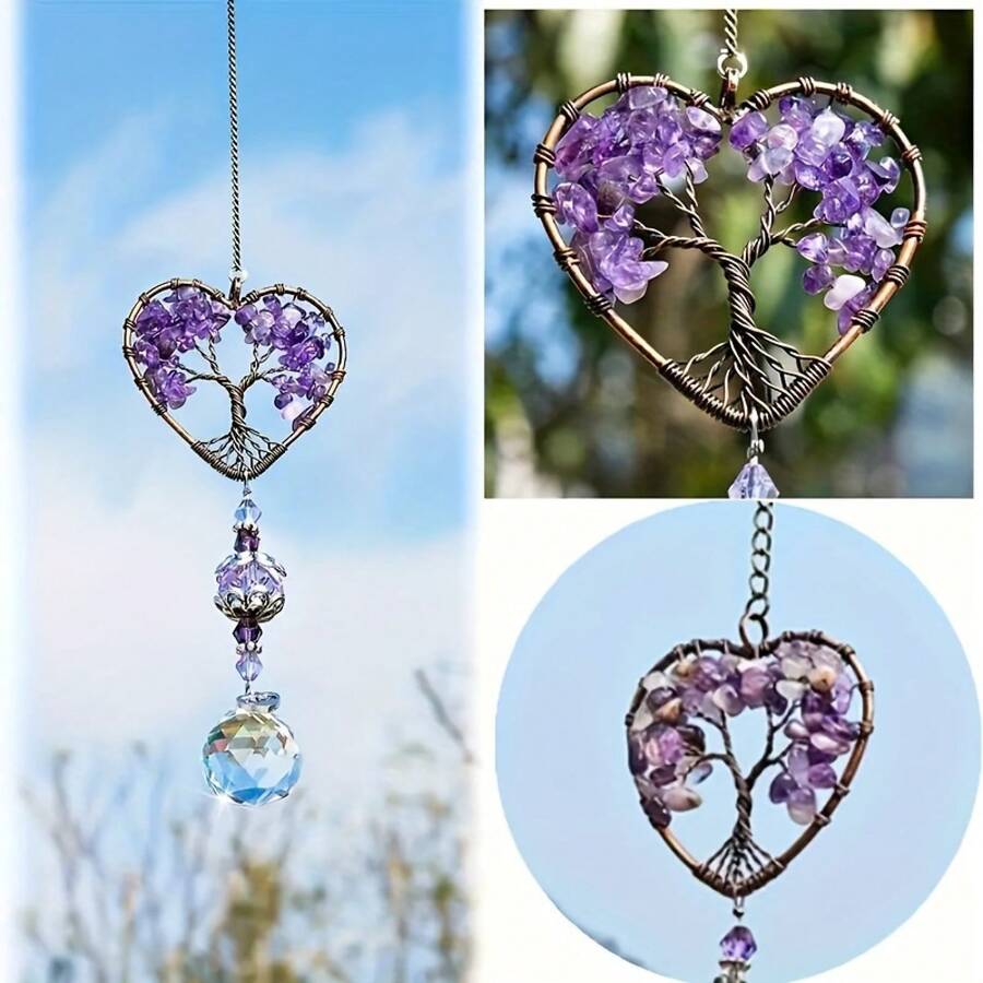 1pc Amethyst Sun Catcher Crystal Stone Rainbow Made Hanging Window, Home Decoration, Car Accessories - Amethyst Tree Of Life - View 1