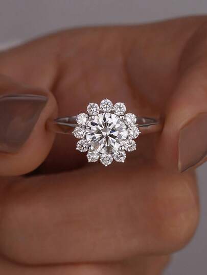 1pc Flower-Shape Round Diamond Ring, S925 Sterling Silver Elegant Women's Ring Suitable For Daily, Date, Exquisite Women's Jewelry Gift, New Year's Gifts, Valentine's Day Gift