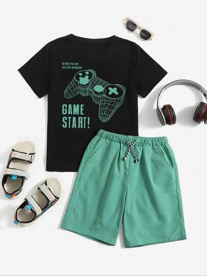 Tween Boy Gamepad Graphic T-Shirt & Drawstring Waist Shorts Casual 3-Piece Set