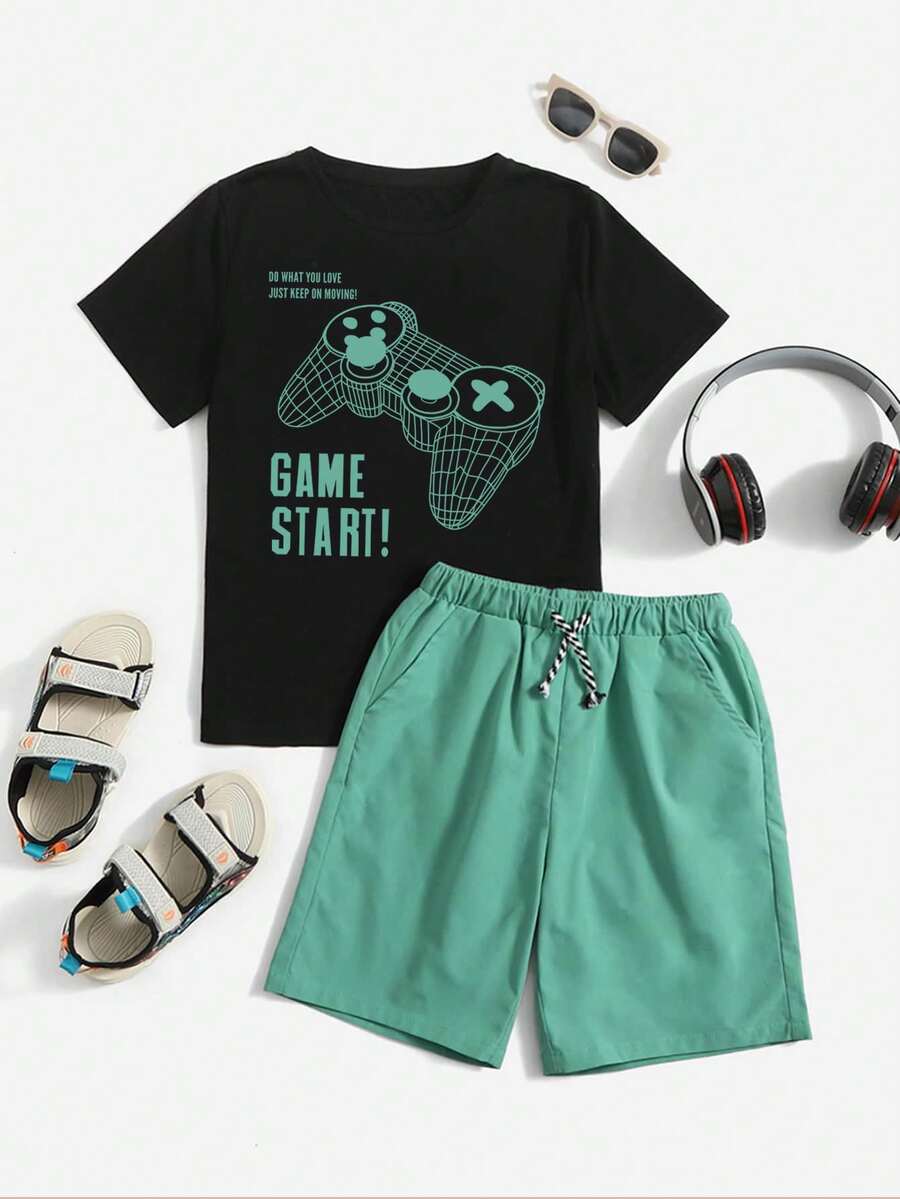 Tween Boy Gamepad Graphic T-Shirt & Drawstring Waist Shorts Casual 3-Piece Set - Green - View 1